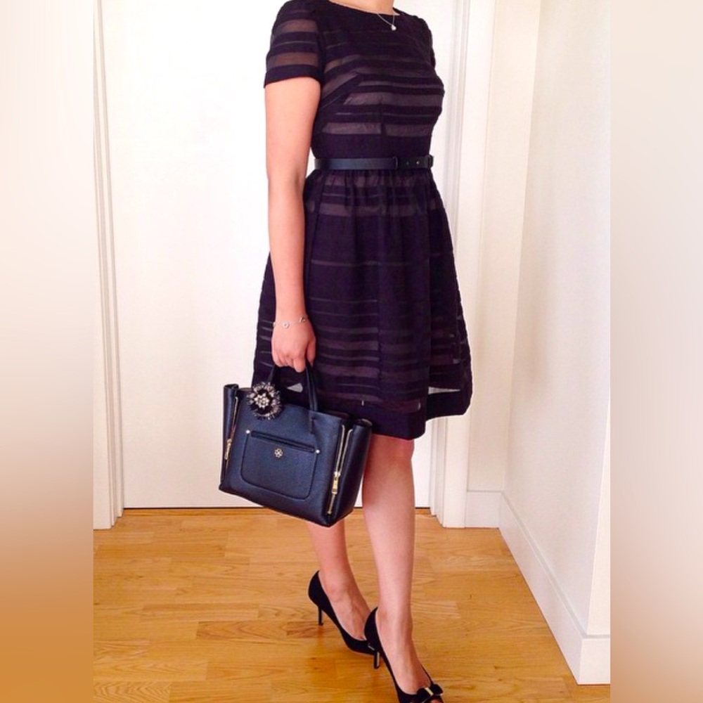 LOFT Black Fit Flare Midi Sheer Formal Career Cocktail Wedding Dress Size 2